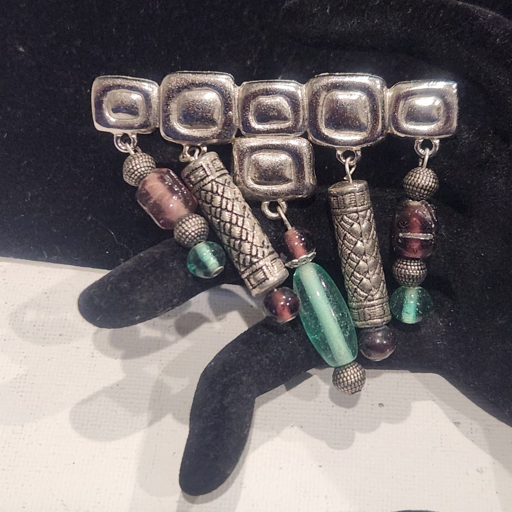 JJ Jonette Vintage Silver Tone Geometric Dangle Brooch Purple Teal Beads